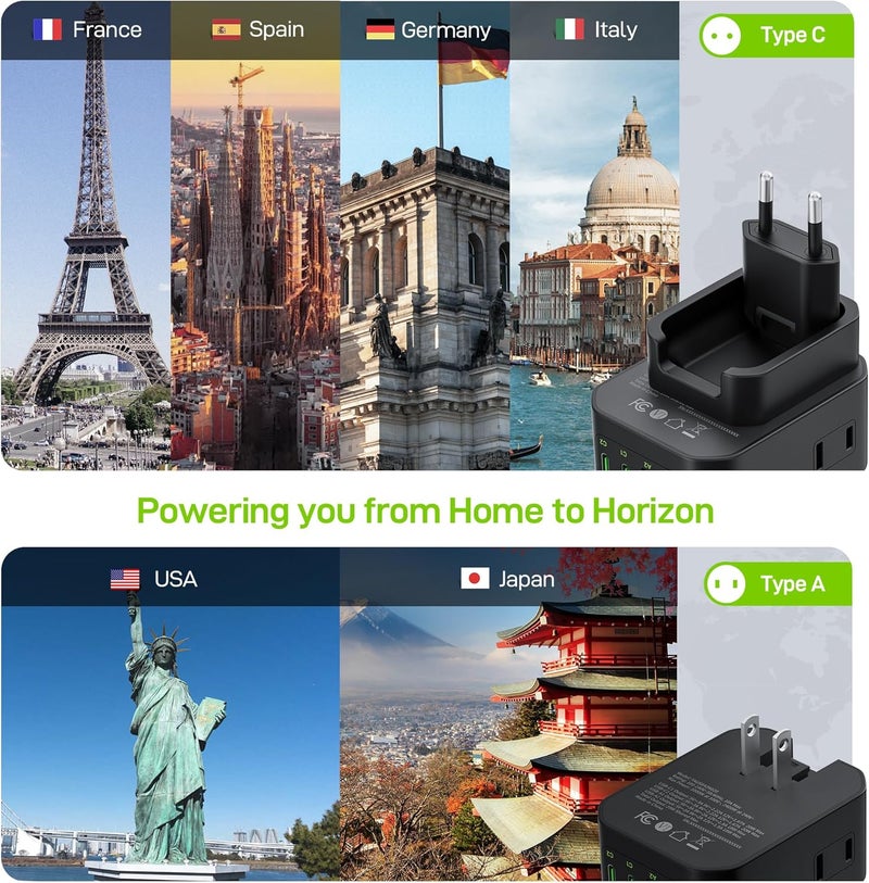 EPICKA Hybrid European Travel Plug Adapter, Foldable & Detachable Type C (EU) VisaPlug, 8-IN-1 International Power Adapter with 4 USB Ports (2 USB-C PD 20W) - Travel Essentials for US to Europe, Black - Image 4